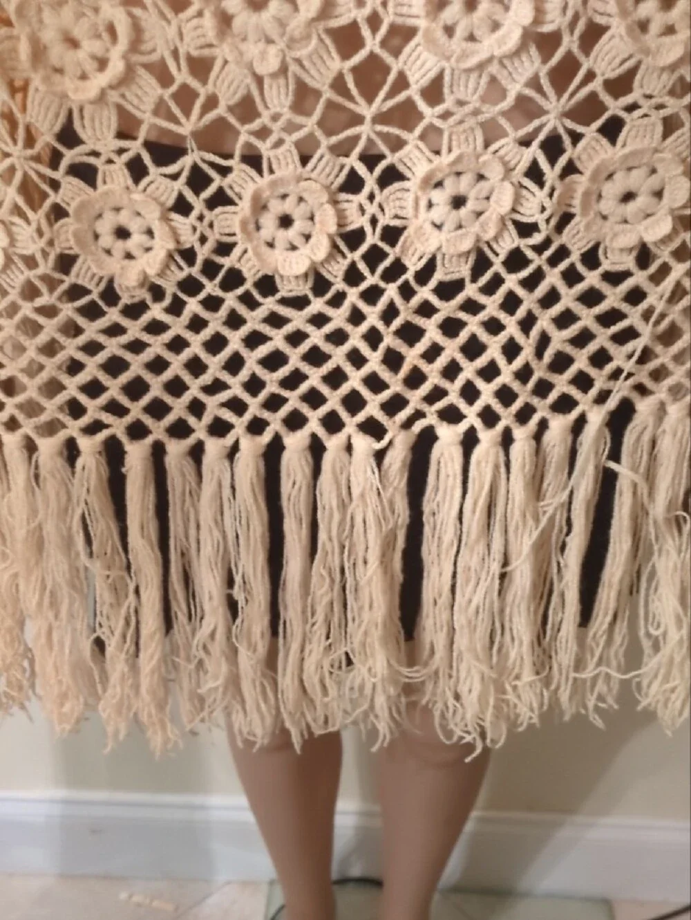 Unique Vintage Hand Made Wool Cream Crochet Fringe Shawl  - Women's Cover-Up